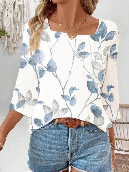 Damen Geblümt Dreiviertelärmel Bluse Frühling/Herbst Print Gekerbt Täglich Lässig Oberteile