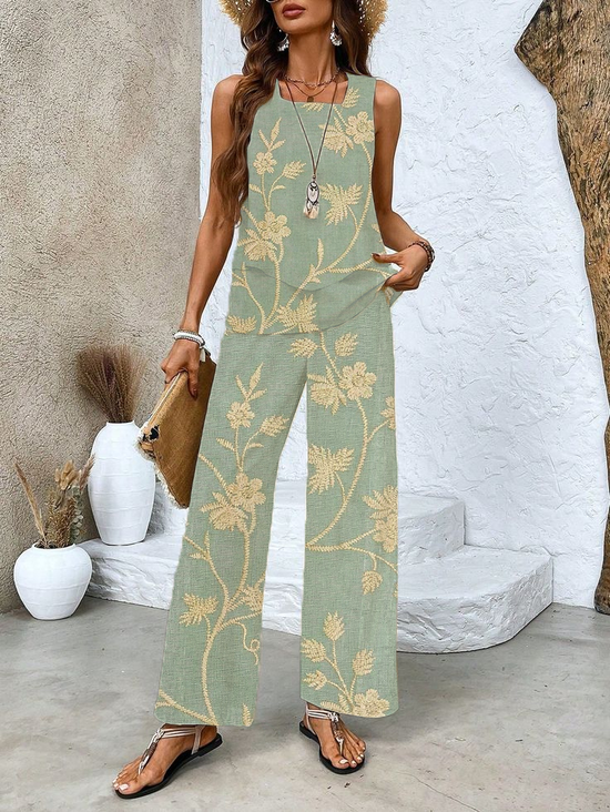 Damen Geblümt Print Zweiteiliges Set Täglich Ärmellos Lässig Sommer Bluse mit Hose Matching Set