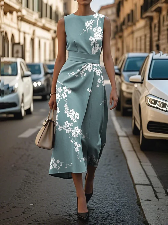Damen Geblümt Ärmellos Sommer Print Kleid Rundhals Täglich Retro Maxikleid Etuikleid H-Linie Kleid