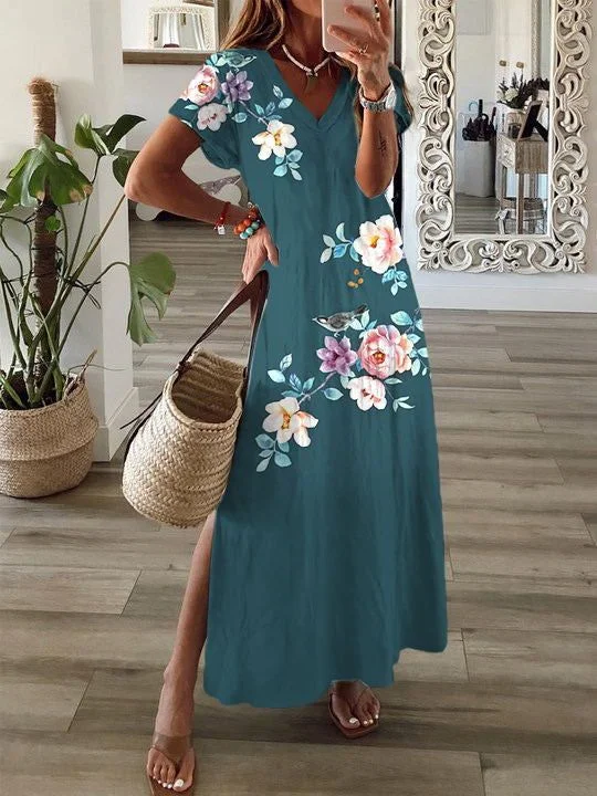 Damen Geblümt Kurzarm Sommer Print Kleid V-Ausschnitt Täglich Lässig Maxikleid T-Shirt-Kleid X-Linie Kleid
