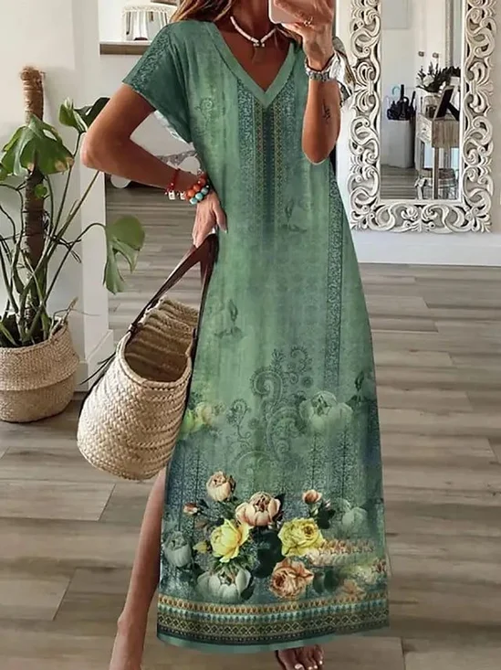 Damen Geblümt Kurzarm Sommer Print Kleid V-Ausschnitt Täglich Lässig Maxikleid T-Shirt-Kleid X-Linie Kleid