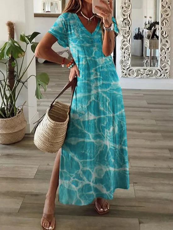 Damen Abstrakt Kurzarm Sommer Print Kleid V-Ausschnitt Täglich Lässig Maxikleid T-Shirt-Kleid X-Linie Kleid