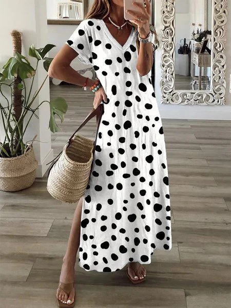Damen Polka Dots Kurzarm Sommer Print Kleid V-Ausschnitt Täglich Lässig Maxikleid T-Shirt-Kleid X-Linie Kleid