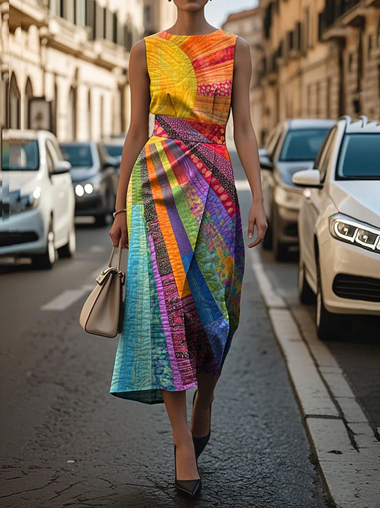 Damen Hippie Ärmellos Sommer Print Kleid Rundhals Täglich Retro Maxikleid Etuikleid H-Linie Kleid