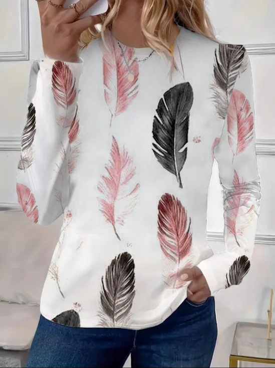 Damen Feder Langarm T-Shirts T-Shirt Rundhals Print Lässig Frühling/Herbst T-Shirt mit Grafik Oberteile