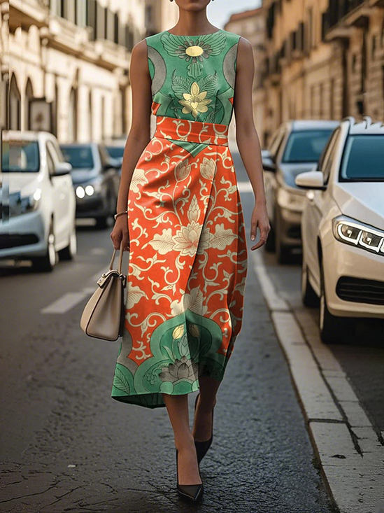 Damen Geblümt Ärmellos Sommer Print Kleid Rundhals Täglich Retro Maxikleid Etuikleid H-Linie Kleid