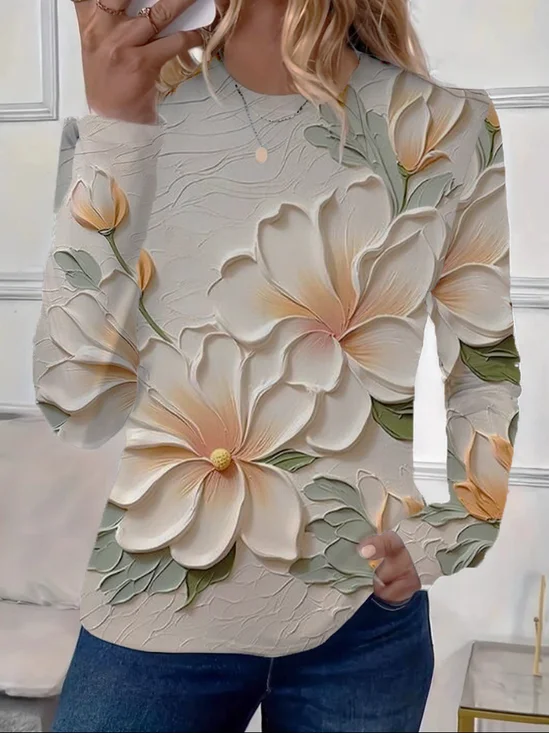Damen Geblümt Langarm T-Shirts T-Shirt Rundhals Print Lässig Frühling/Herbst T-Shirt mit Grafik Oberteile