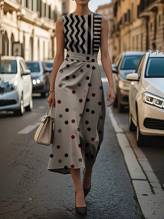 Damen Geometrisch Ärmellos Sommer Print Kleid Rundhals Täglich Retro Maxikleid Etuikleid H-Linie Kleid
