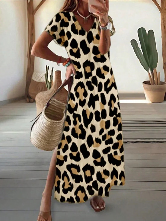 Damen Leopard Kurzarm Sommer Print Kleid V-Ausschnitt Täglich Lässig Maxikleid T-Shirt-Kleid X-Linie Kleid