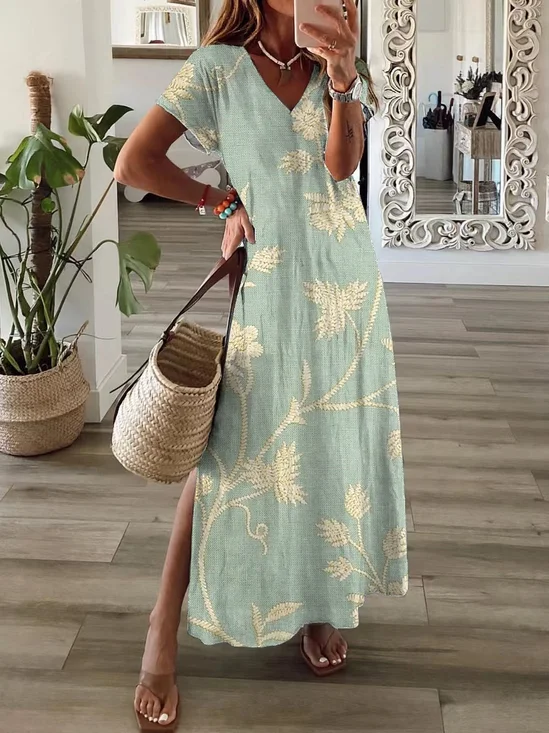 Damen Geblümt Kurzarm Sommer Print Kleid V-Ausschnitt Täglich Lässig Maxikleid T-Shirt-Kleid X-Linie Kleid