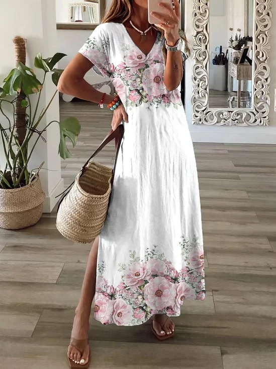 Damen Geblümt Kurzarm Sommer Print Kleid V-Ausschnitt Täglich Lässig Maxikleid T-Shirt-Kleid X-Linie Kleid