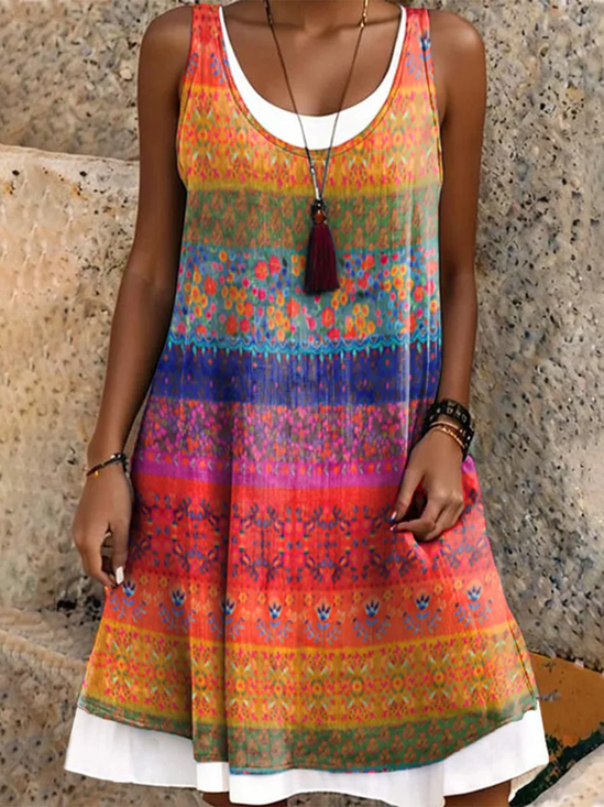 Damen Ethnisch Ärmellos Sommer Kleid Rundhals Täglich Lässig Midi A-Linien-Kleid