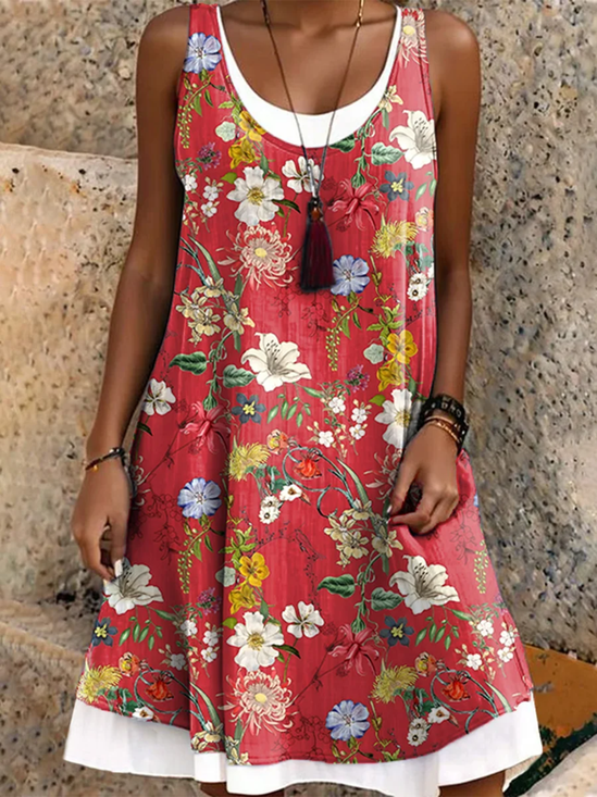 Damen Geblümt Ärmellos Sommer Kleid Rundhals Täglich Lässig Midi A-Linien-Kleid
