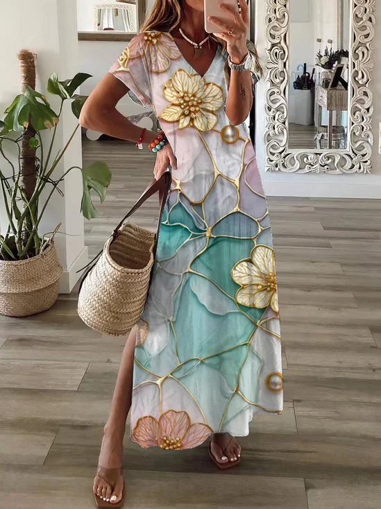 Damen Geblümt Kurzarm Sommer Print Kleid V-Ausschnitt Täglich Lässig Maxikleid T-Shirt-Kleid X-Linie Kleid