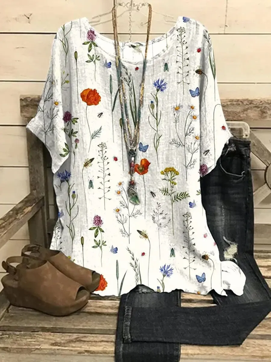 Damen Geblümt Dreiviertelärmel T-Shirts T-Shirt Rundhals Retro Frühling/Herbst Oberteile