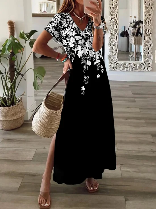 Damen Geblümt Kurzarm Sommer Print Kleid V-Ausschnitt Täglich Lässig Maxikleid T-Shirt-Kleid X-Linie Kleid