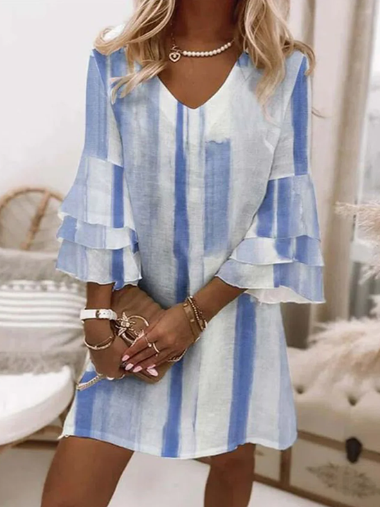 Damen Geblümt Halbarm Sommer Kleid V-Ausschnitt Täglich Böhmisch Midi Strandkleid H-Linie Kleid