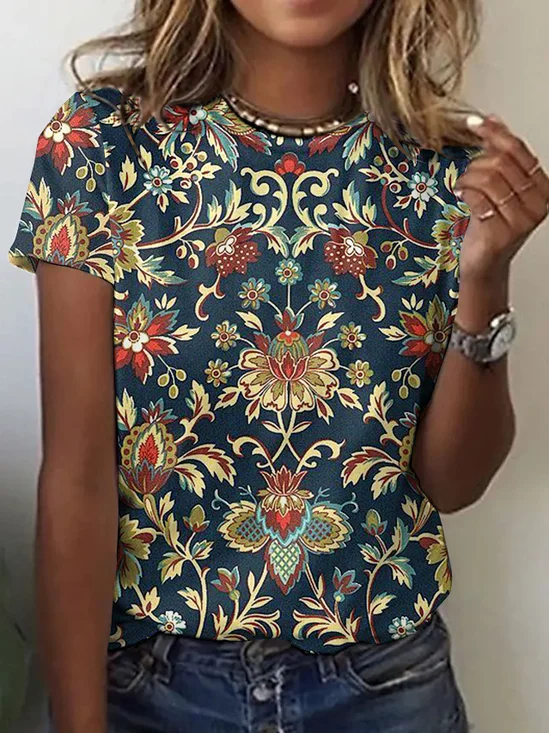 Damen Geblümt Kurzarm T-Shirts T-Shirt Rundhals Lässig Sommer Oberteile