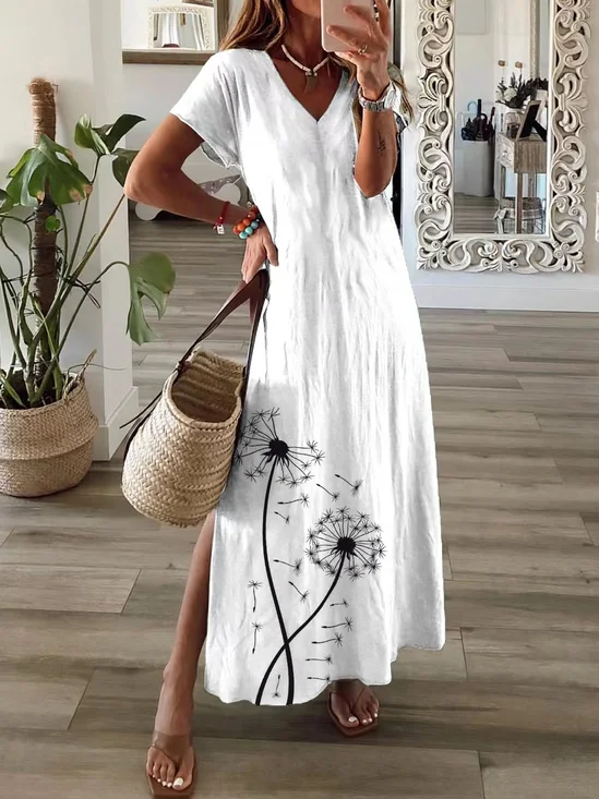 Damen Geblümt Kurzarm Sommer Print Kleid V-Ausschnitt Täglich Lässig Maxikleid T-Shirt-Kleid X-Linie Kleid