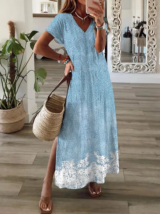 Damen Geblümt Kurzarm Sommer Print Kleid V-Ausschnitt Täglich Lässig Maxikleid T-Shirt-Kleid X-Linie Kleid