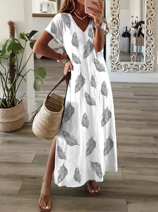 Damen Feder Kurzarm Sommer Print Kleid V-Ausschnitt Täglich Lässig Maxikleid T-Shirt-Kleid X-Linie Kleid