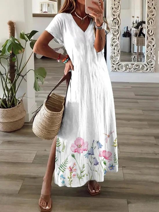 Damen Geblümt Kurzarm Sommer Print Kleid V-Ausschnitt Täglich Lässig Maxikleid T-Shirt-Kleid X-Linie Kleid