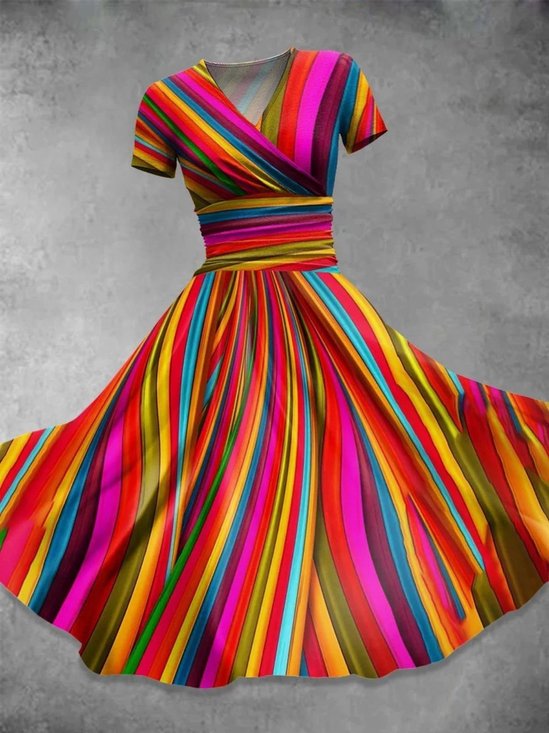 Damen Gestreift Kurzarm Sommer Kleid V-Ausschnitt Täglich Retro Maxikleid A-Linien-Kleid