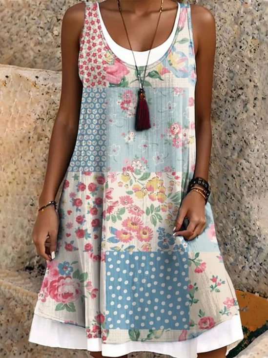 Damen Geblümt Ärmellos Sommer Kleid Rundhals Täglich Lässig Midi A-Linien-Kleid