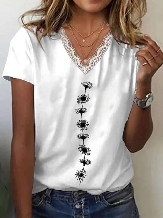 Damen Geblümt Kurzarm T-Shirts T-Shirt V-Ausschnitt Print Lässig Sommer T-Shirt mit Grafik Oberteile