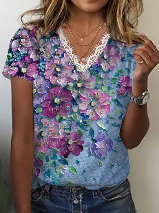 Damen Geblümt Kurzarm T-Shirts T-Shirt V-Ausschnitt Print Lässig Sommer T-Shirt mit Grafik Oberteile