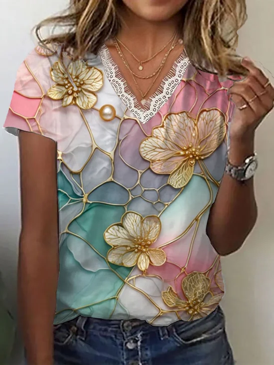 Damen Geblümt Kurzarm T-Shirts T-Shirt V-Ausschnitt Print Lässig Sommer T-Shirt mit Grafik Oberteile