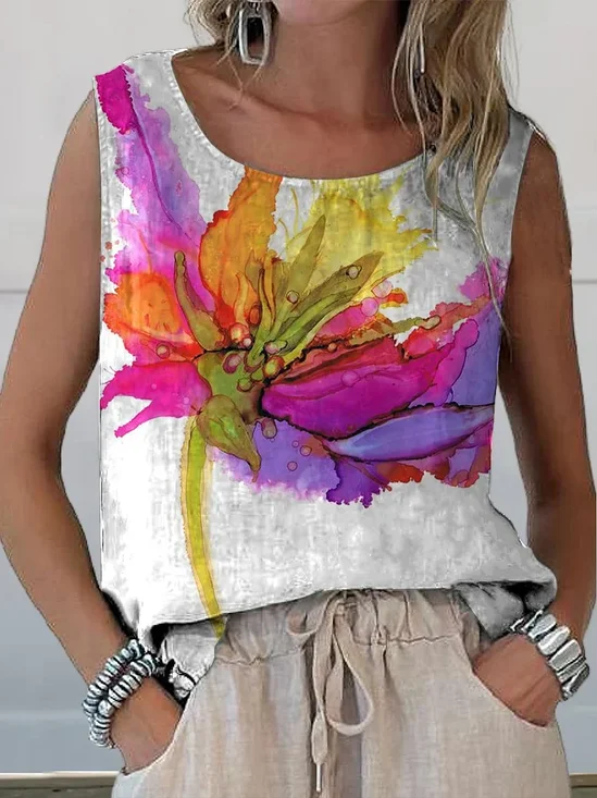Damen Ärmellos Tanktop Oberteile Leibchen Sommer Geblümt Print Rundhals Täglich Lässig Oberteile