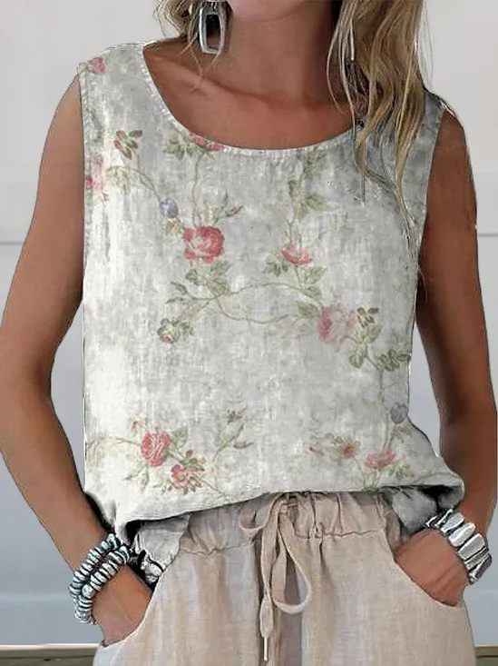 Damen Ärmellos Tanktop Oberteile Leibchen Sommer Geblümt Print Rundhals Täglich Lässig Oberteile