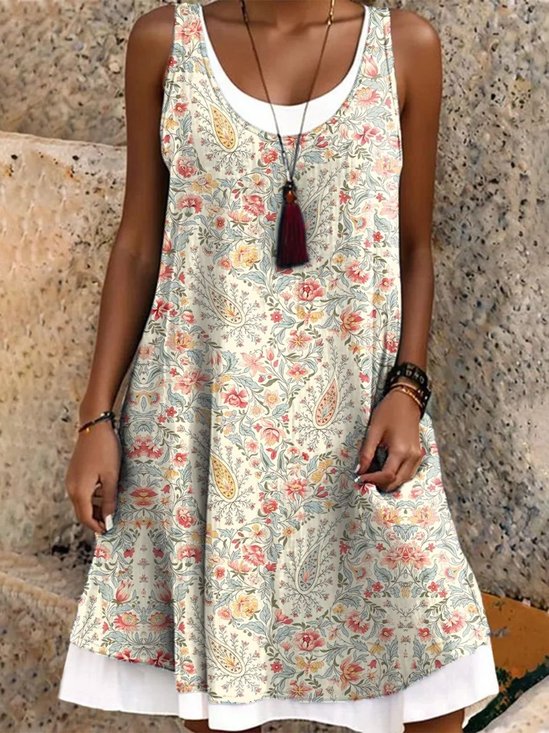 Damen Geblümt Ärmellos Sommer Kleid Rundhals Täglich Lässig Midi A-Linien-Kleid