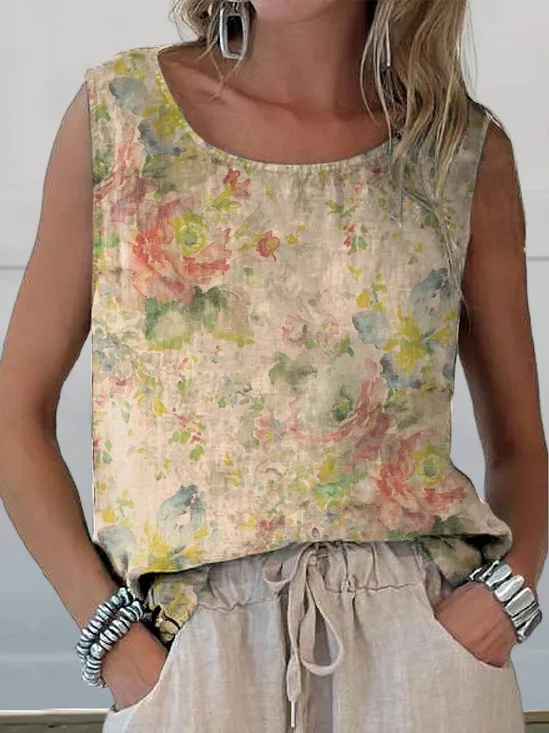 Damen Ärmellos Tanktop Oberteile Leibchen Sommer Geblümt Print Rundhals Täglich Lässig Oberteile