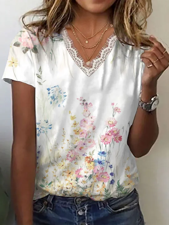 Damen Geblümt Kurzarm T-Shirts T-Shirt V-Ausschnitt Print Lässig Sommer T-Shirt mit Grafik Oberteile