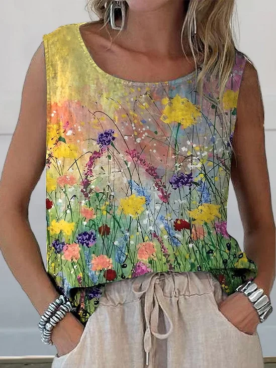 Damen Ärmellos Tanktop Oberteile Leibchen Sommer Geblümt Print Rundhals Täglich Lässig Oberteile