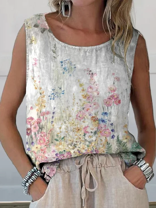 Damen Ärmellos Tanktop Oberteile Leibchen Sommer Geblümt Print Rundhals Täglich Lässig Oberteile