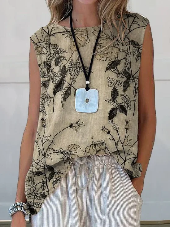 Damen Ärmellos Tanktop Oberteile Leibchen Sommer Geblümt Print Rundhals Täglich Lässig Oberteile
