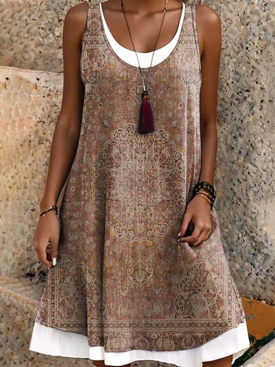 Damen Ethnisch Ärmellos Sommer Kleid Rundhals Täglich Lässig Midi A-Linien-Kleid
