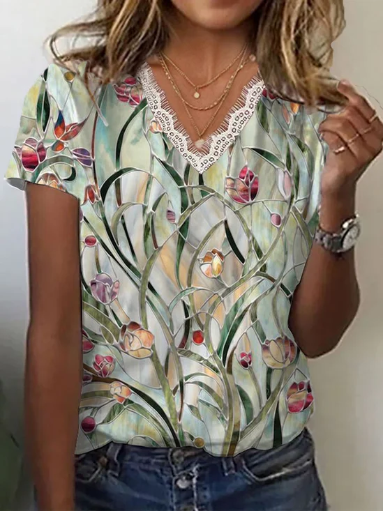Damen Geblümt Kurzarm T-Shirts T-Shirt V-Ausschnitt Print Lässig Sommer T-Shirt mit Grafik Oberteile