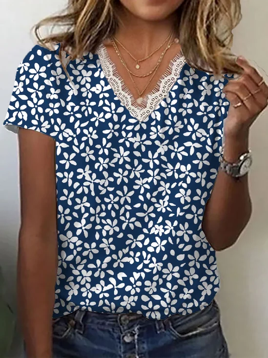 Damen Geblümt Kurzarm T-Shirts T-Shirt V-Ausschnitt Print Lässig Sommer T-Shirt mit Grafik Oberteile
