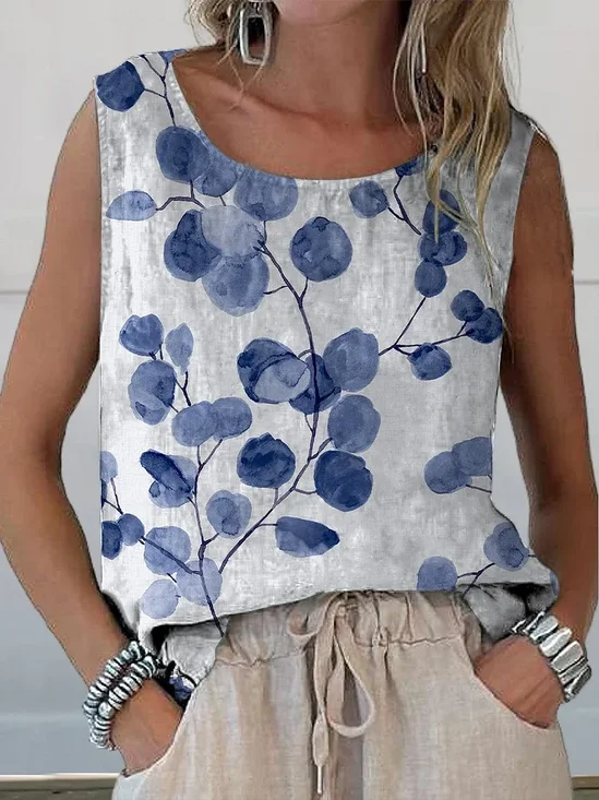 Damen Ärmellos Tanktop Oberteile Leibchen Sommer Geblümt Print Rundhals Täglich Lässig Oberteile