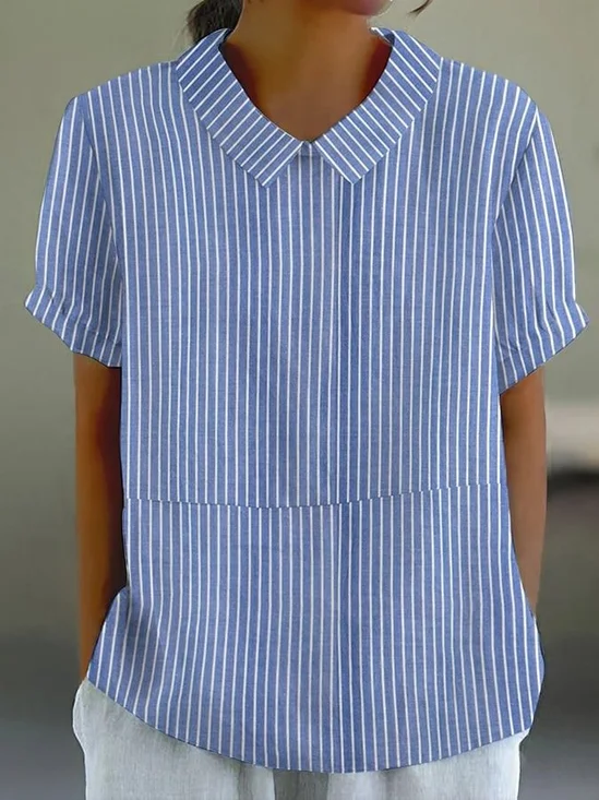 Damen Gestreift Kurzarm Bluse Sommer Print Schalkragen Täglich Lässig Oberteile