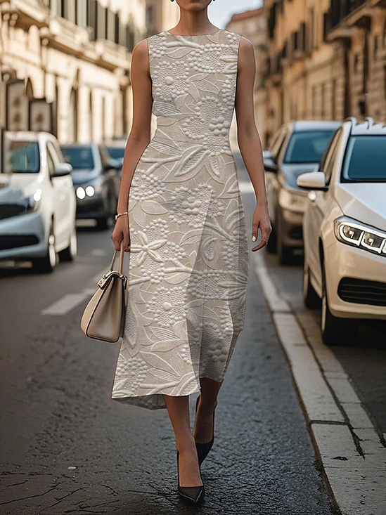 Damen Geblümt Ärmellos Sommer Print Kleid Rundhals Täglich Retro Maxikleid Etuikleid H-Linie Kleid