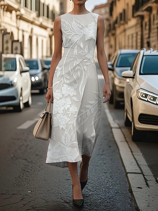 Damen Geblümt Ärmellos Sommer Print Kleid Rundhals Täglich Retro Maxikleid Etuikleid H-Linie Kleid