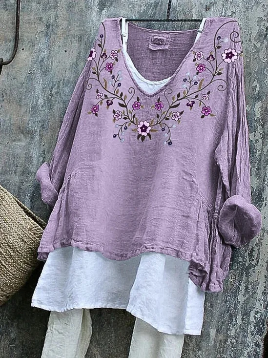 Damen Geblümt Langarm T-Shirts T-Shirt V-Ausschnitt Retro Frühling/Herbst Oberteile