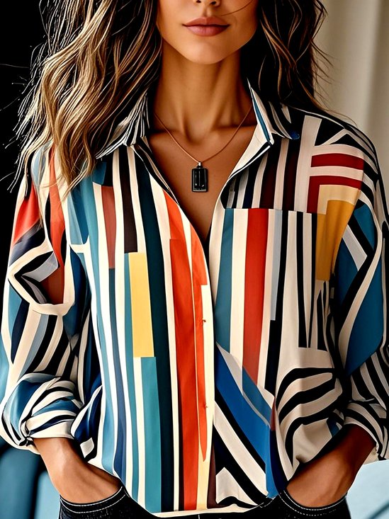 Damen Geometrisch Langarm Bluse Frühling/Herbst Hemdkragen Täglich Lässig Oberteile
