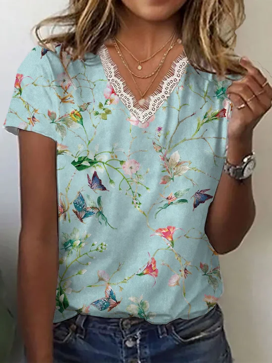 Damen Geblümt Kurzarm T-Shirts T-Shirt V-Ausschnitt Print Lässig Sommer T-Shirt mit Grafik Oberteile