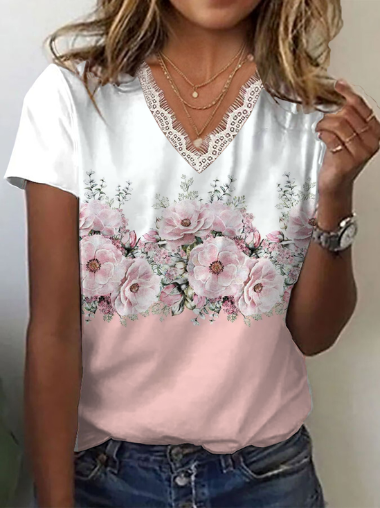 Damen Geblümt Kurzarm T-Shirts T-Shirt V-Ausschnitt Print Lässig Sommer T-Shirt mit Grafik Oberteile